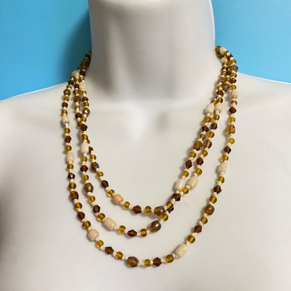 Glass Seed Beads Cream & Browns Long Boho Style Necklace Over-The-Head Artisan - Picture 6 of 6